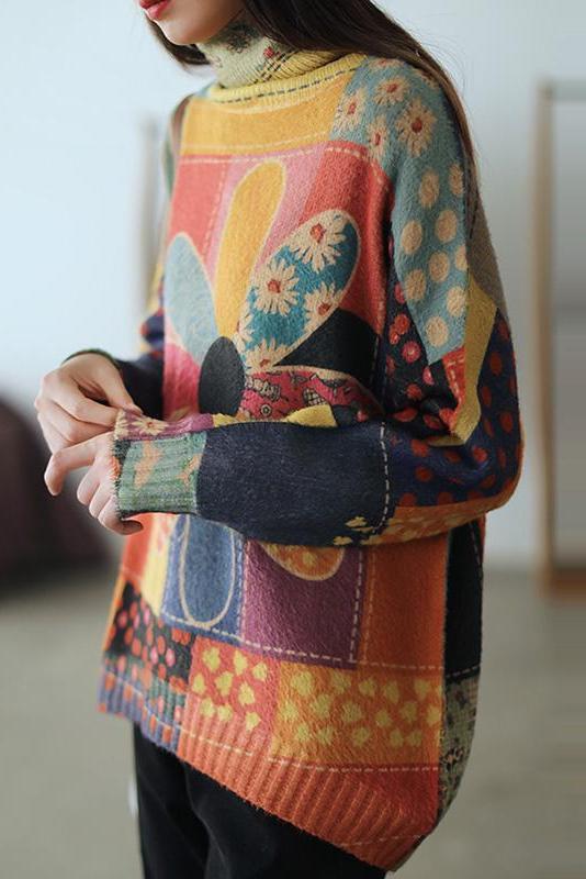 Color Contrast Flower Turtleneck Sweater