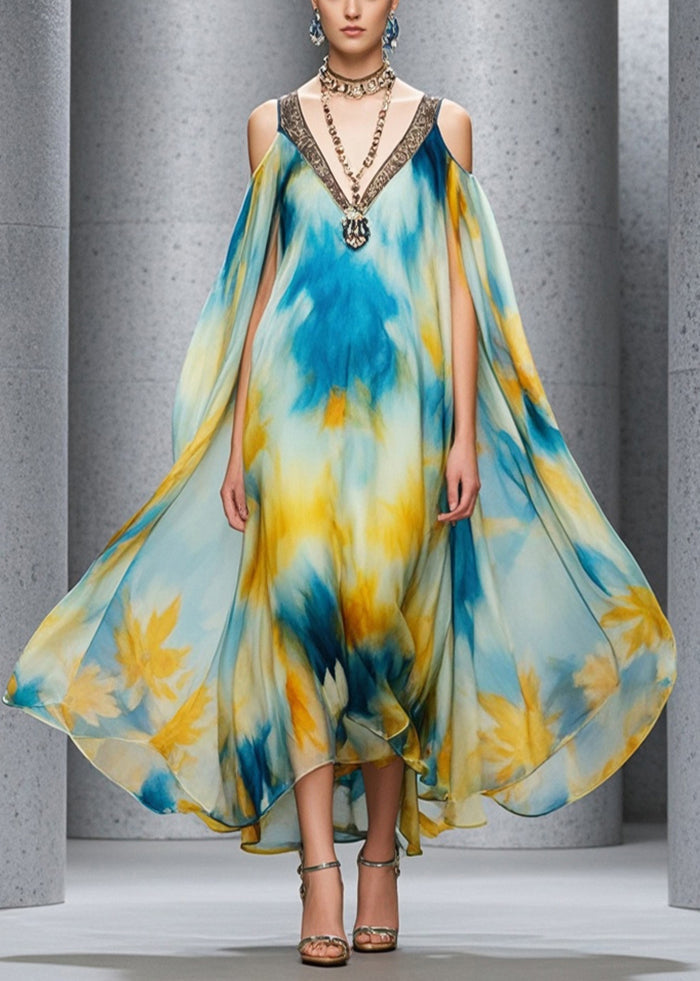 Cold Shoulder Tie Dye Chiffon Beach Dress Summer