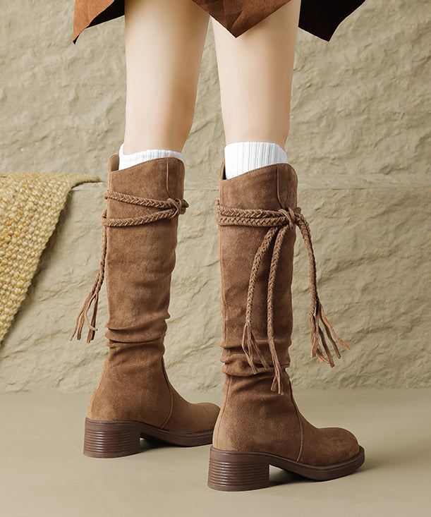 Brown Suede Tassel Wrinkled Splicing Boots
