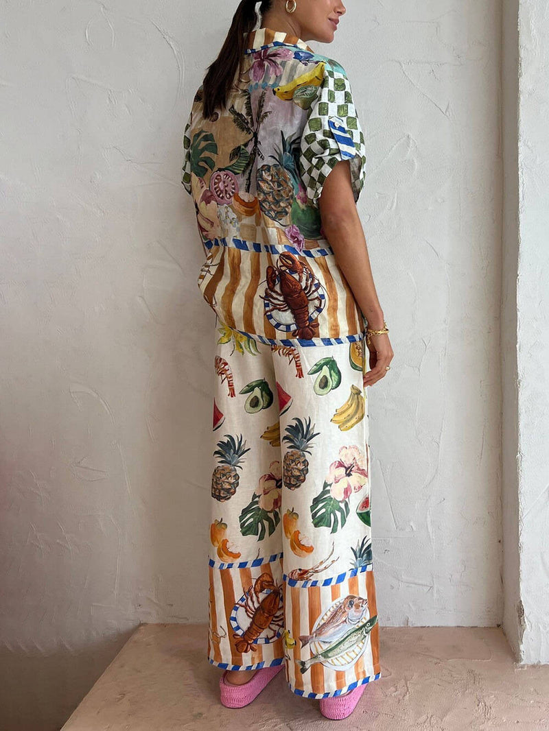 Fruit Print Tropical Shirt Elastic Waist Pocket Wide Leg Pants Suit