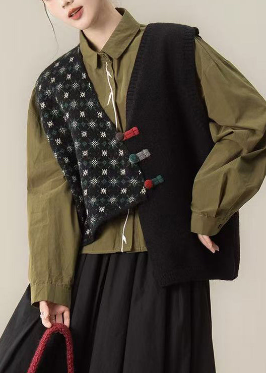Black Asymmetrical Chinese Button Knit Vests Winter