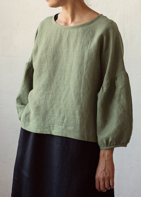 White O Neck Linen Shirt Tops Lantern Sleeve