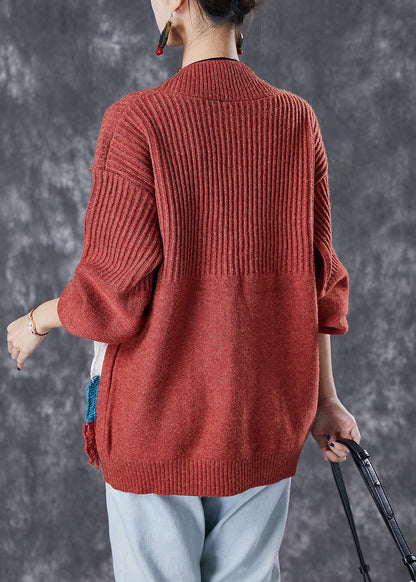 Red Oversized Patchwork Pockets Knit Cardigan Fall