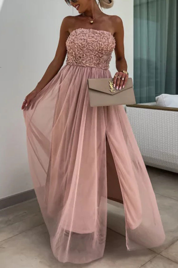 Romance and Lightness Tulle Texture Pleated Patchwork Strapless Slit Maxi Dress