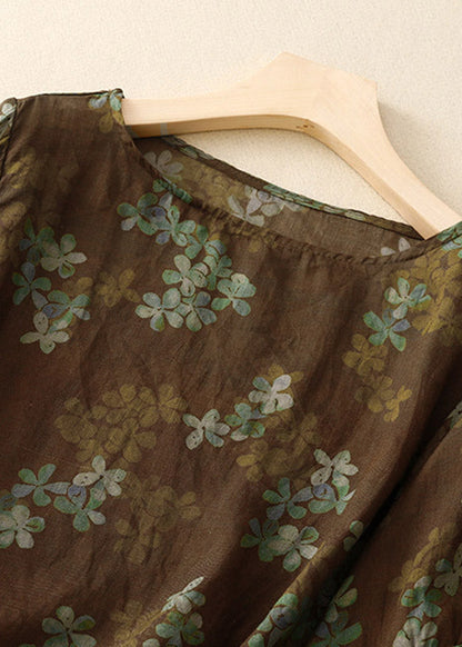 Handmade Coffee O-neck Print Top Lantern Sleeve