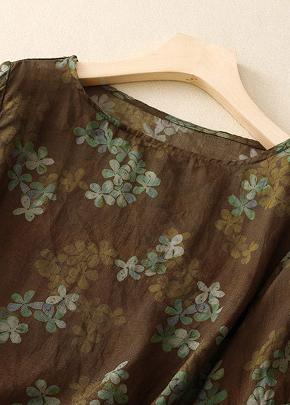 Handmade Coffee O-neck Print Top Lantern Sleeve
