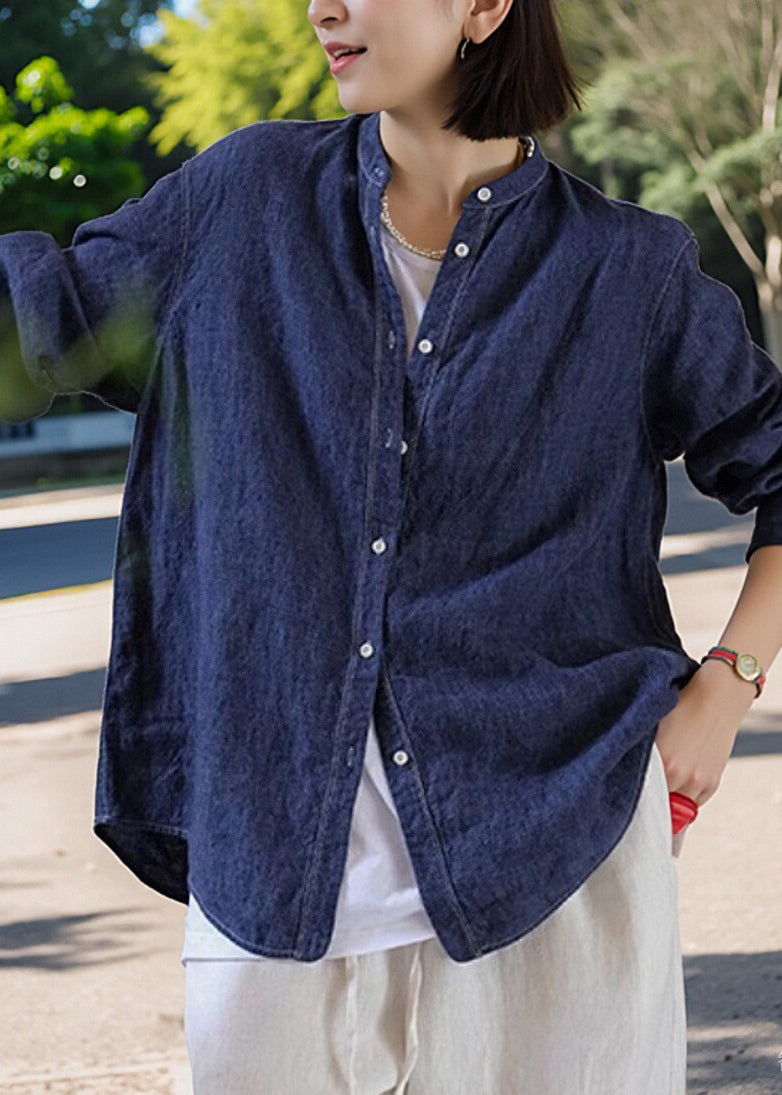 Handmade Navy O-neck Patchwork Button Coats Fall