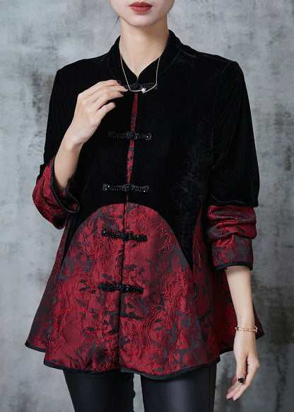 Black Chinese Button Patchwork Velvet Oriental Coats Fall