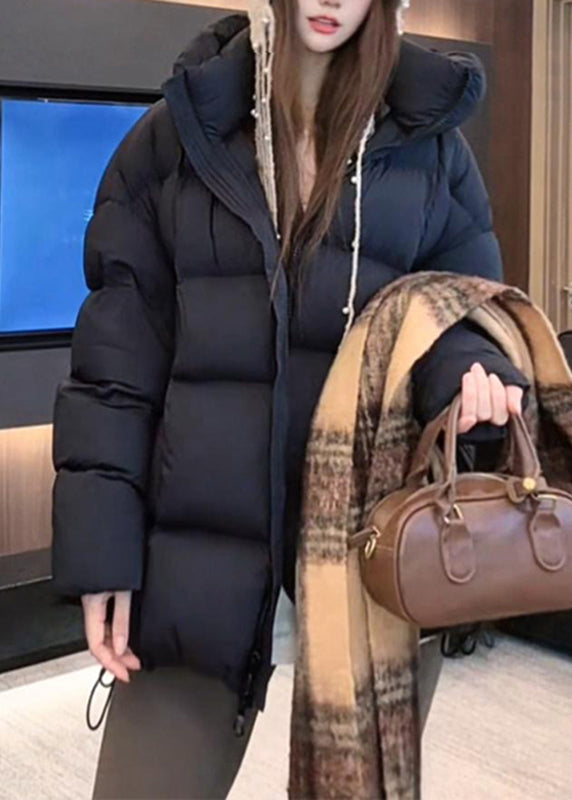 Style Blue Pockets Patchwork Hooded Parka Winter