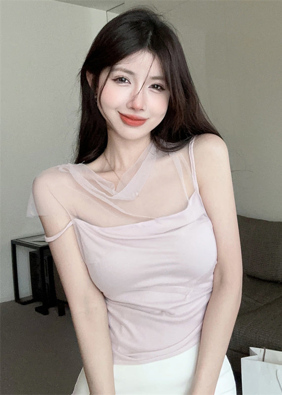Coffee Tulle Patchwork Suspender Top Summer