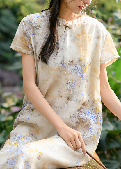 Retro Yellow Stand Collar Print Chinese Button Linen Dress Summer