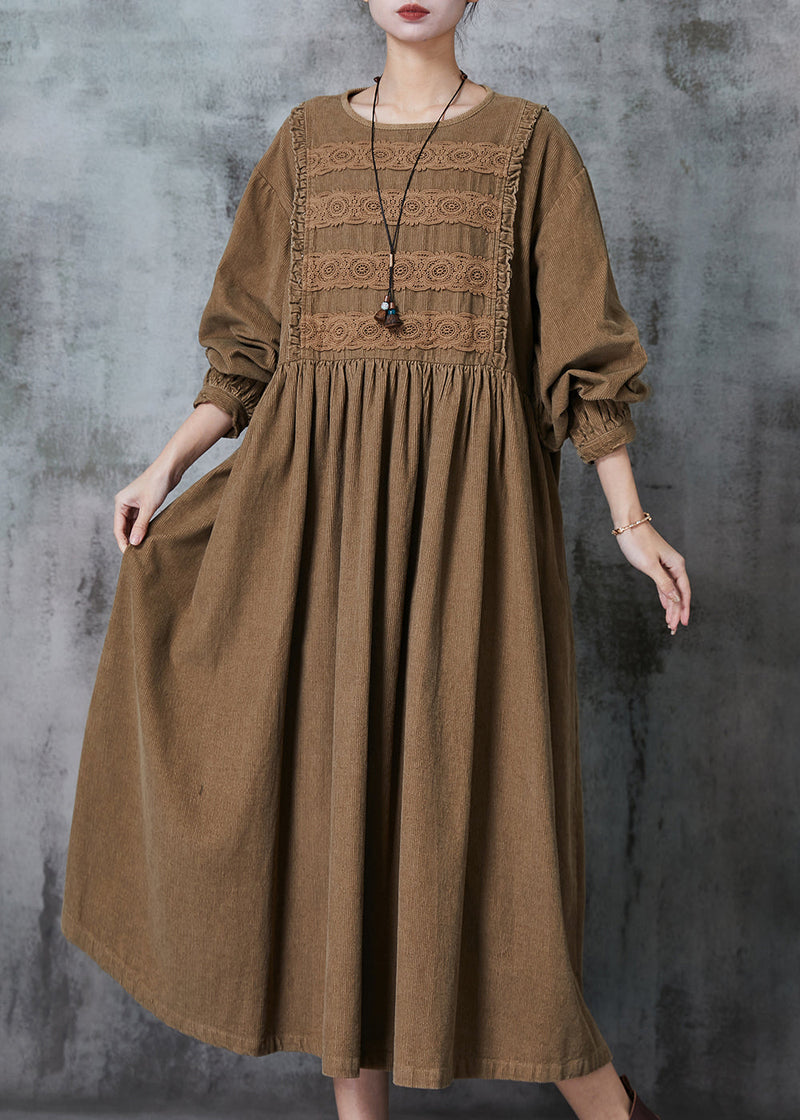 Coffee Oversized Patchwork Lace Corduroy Long Dress Spring