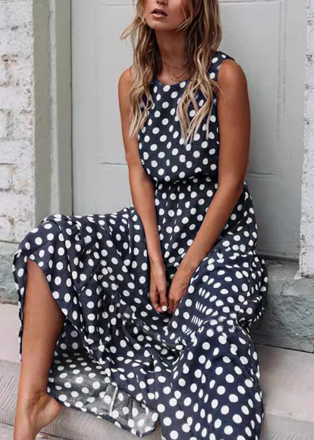 Coffee O Neck Dot Print Cotton Dresses Sleeveless