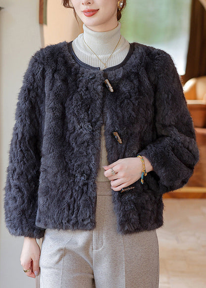Dark Grey O-neck Thick Faux Fur Coat Winter