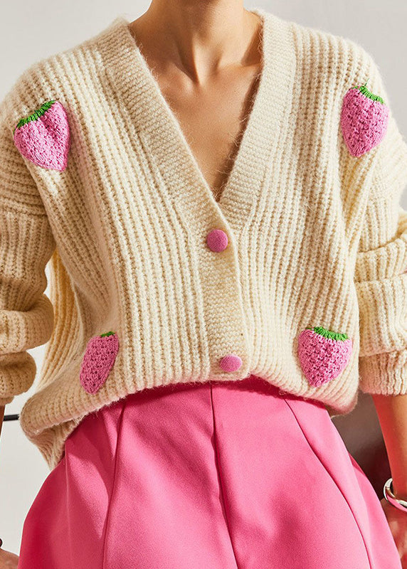 Beige V Neck Hook Flower Knit Cardigan Fall