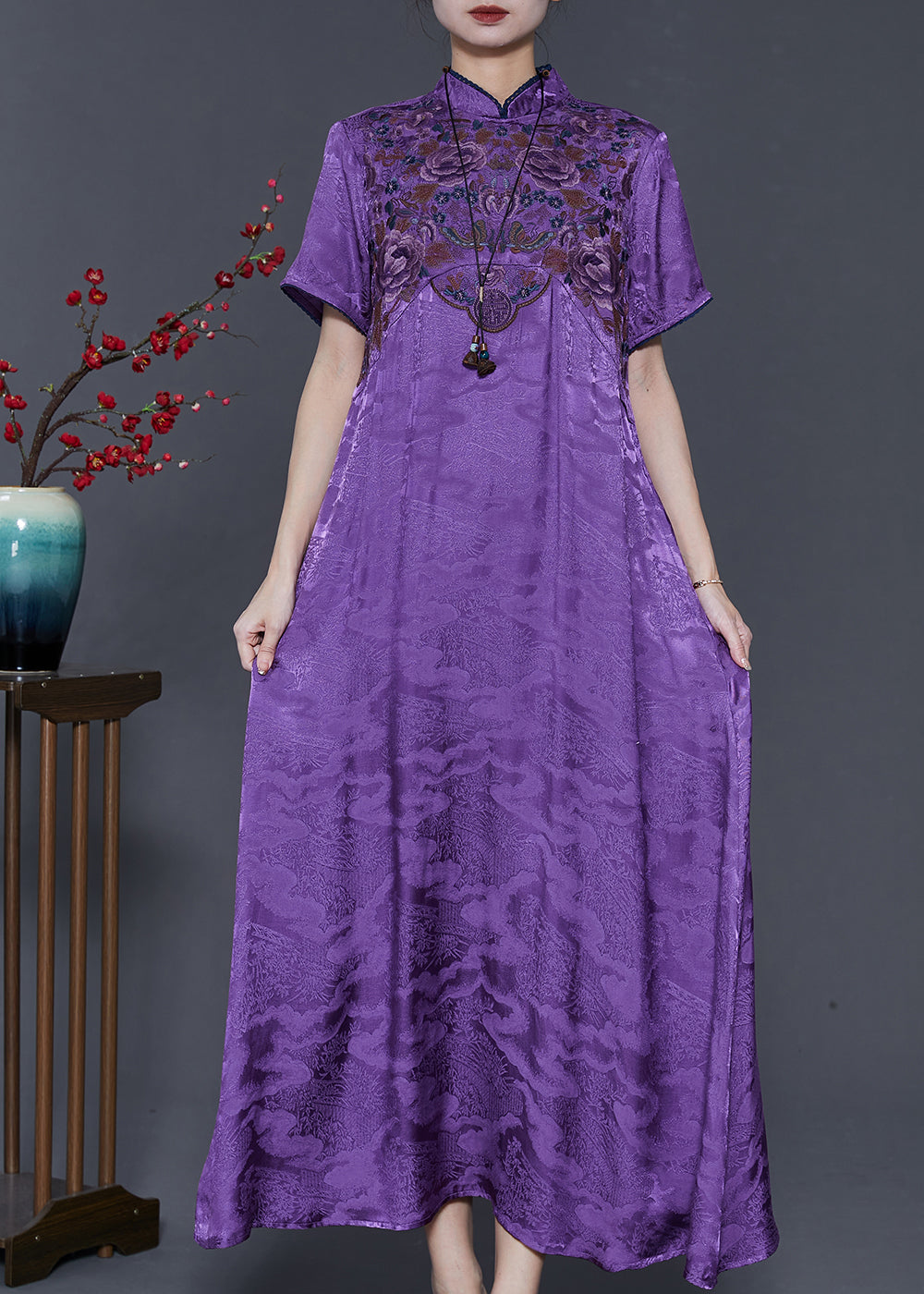 Purple Embroidered Jacquard Silk Vacation Dresses Summer