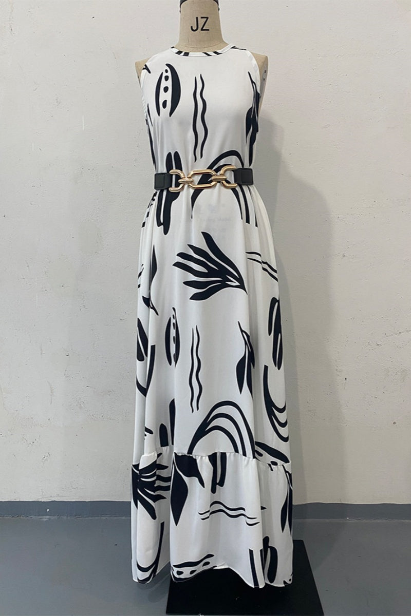 Print Lace Up With Belt O Neck Long Dresses