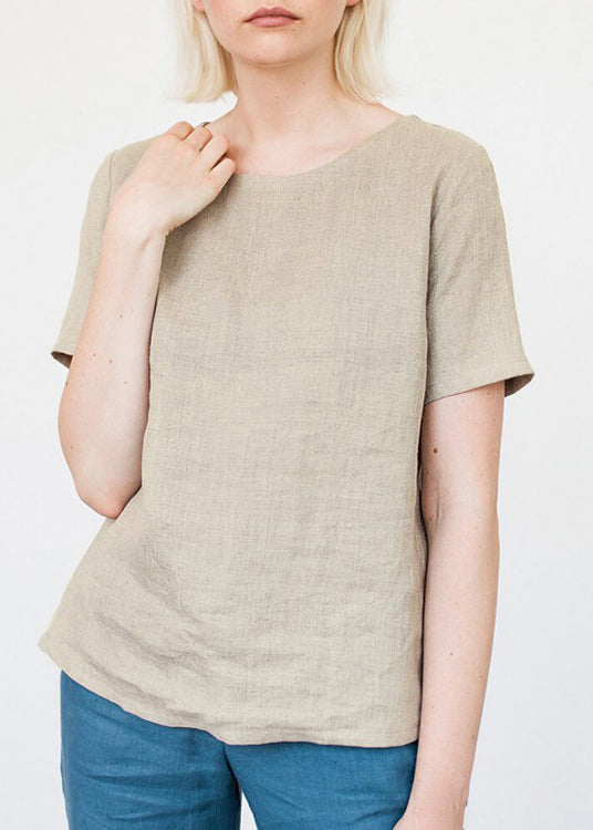 Simple Style White O Neck Linen T Shirts Summer