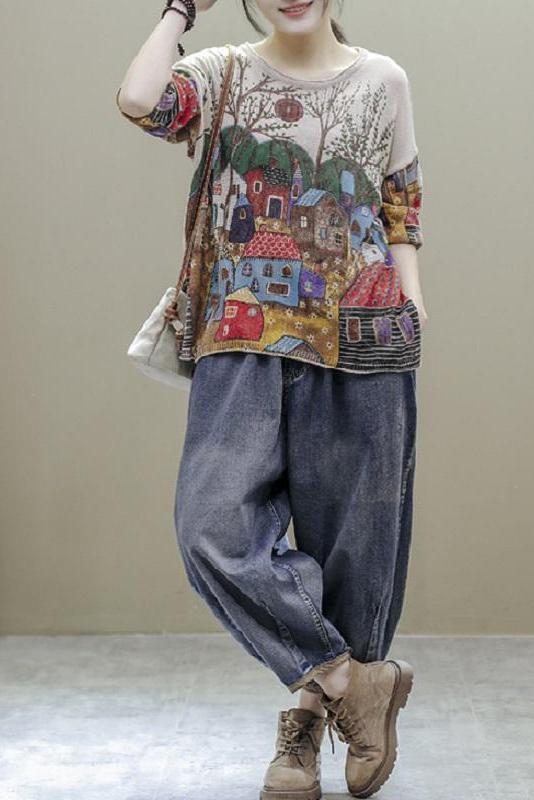 Split Hem Printed Half Sleeve Knitted T-shirt