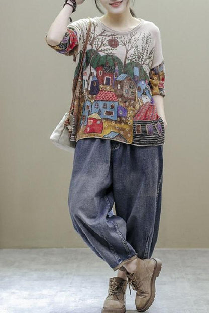 Split Hem Printed Half Sleeve Knitted T-shirt