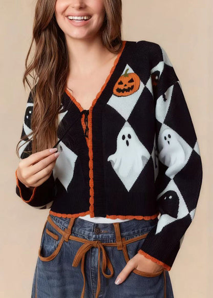 Black V Neck Jacquard Knit Short Sweaters Fall