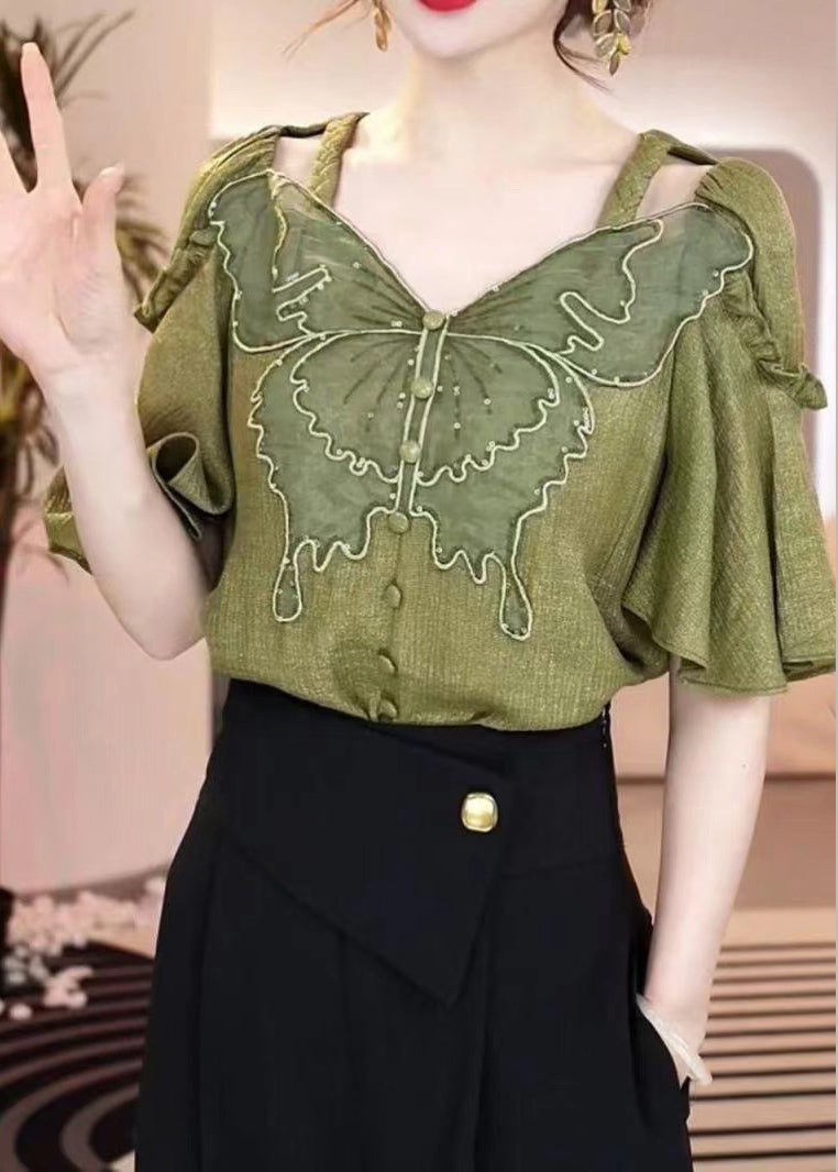 Green V Neck Ruffled Patchwork Hollow Out Shirt Summer