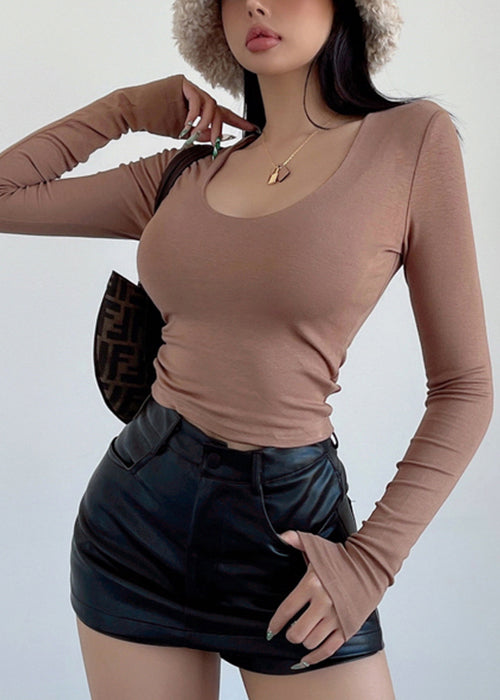 Slim Fit Khaki V Neck Cotton T Shirts Fall