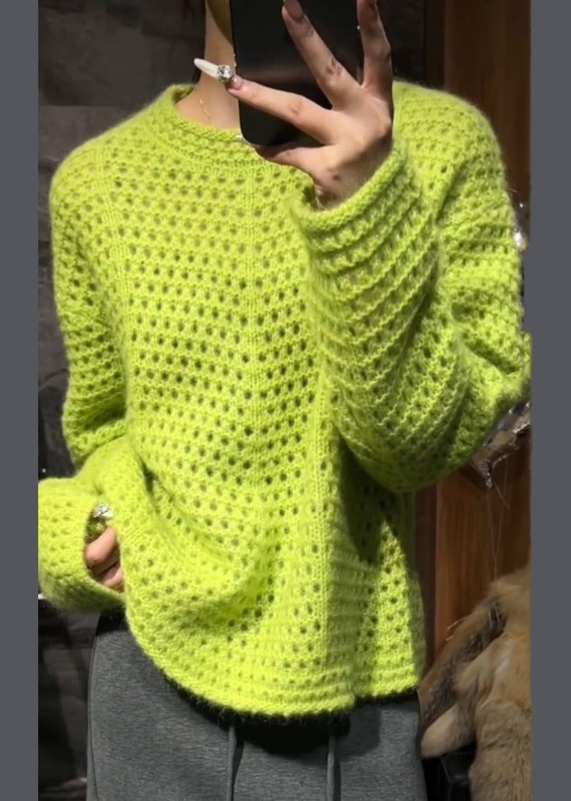 Vogue Green O-neck Hollow Out Cotton Knit Sweater Fall