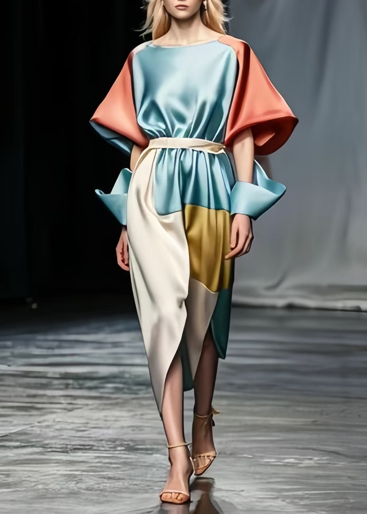 Sky Blue Tie Waist Patchwork Side Open Silk Dresses Puff Sleeve