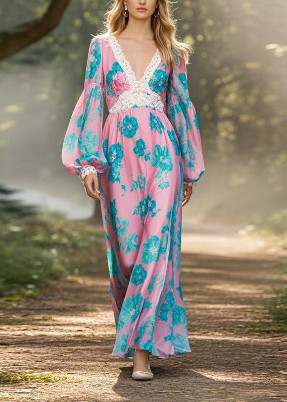Pink V Neck Print Lace Patchwork Chiffon Dresses Lantern Sleeve