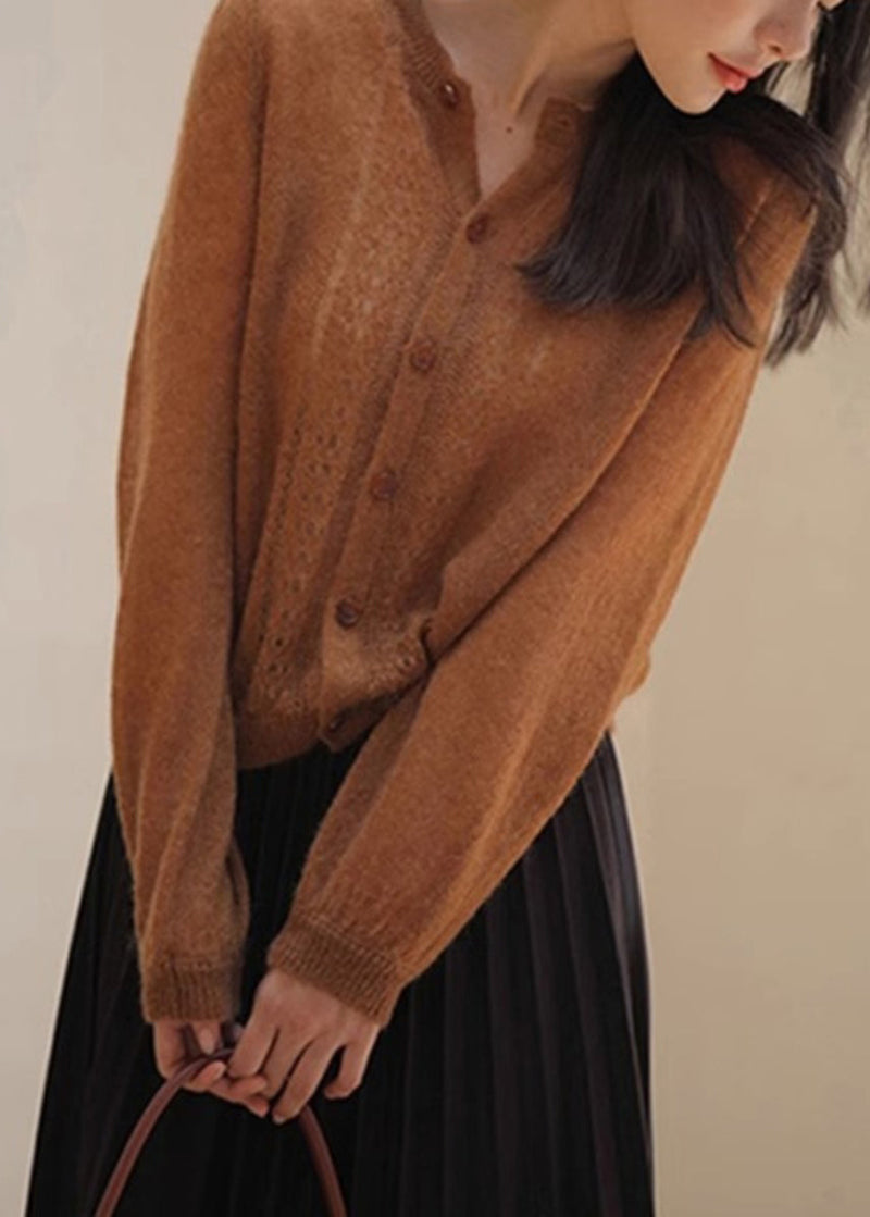 Loose Caramel Button Hollow Out Knit Sweater Spring