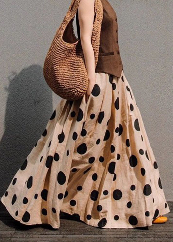 Khaki Dot Print Elastic Waist a Line Skirt