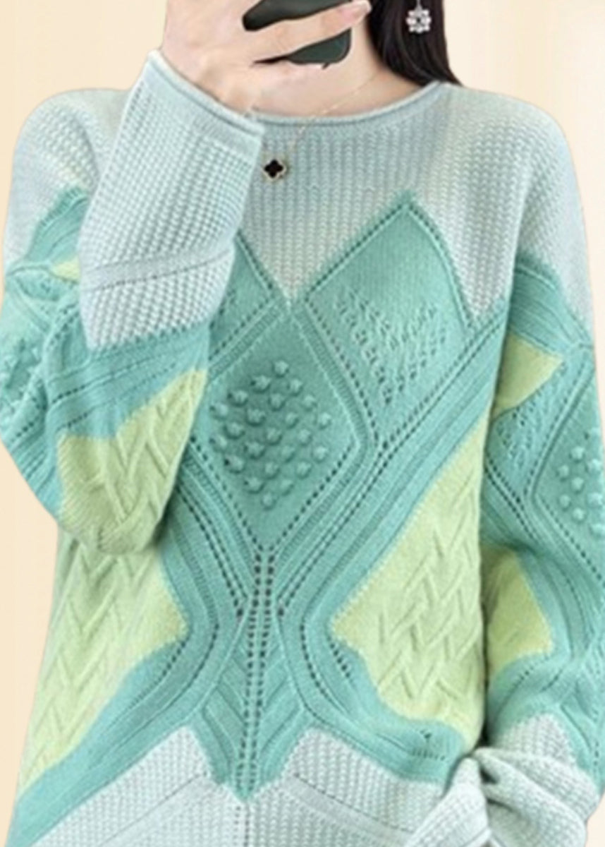 Green O-neck Plaid Cotton Knit Sweaters Fall