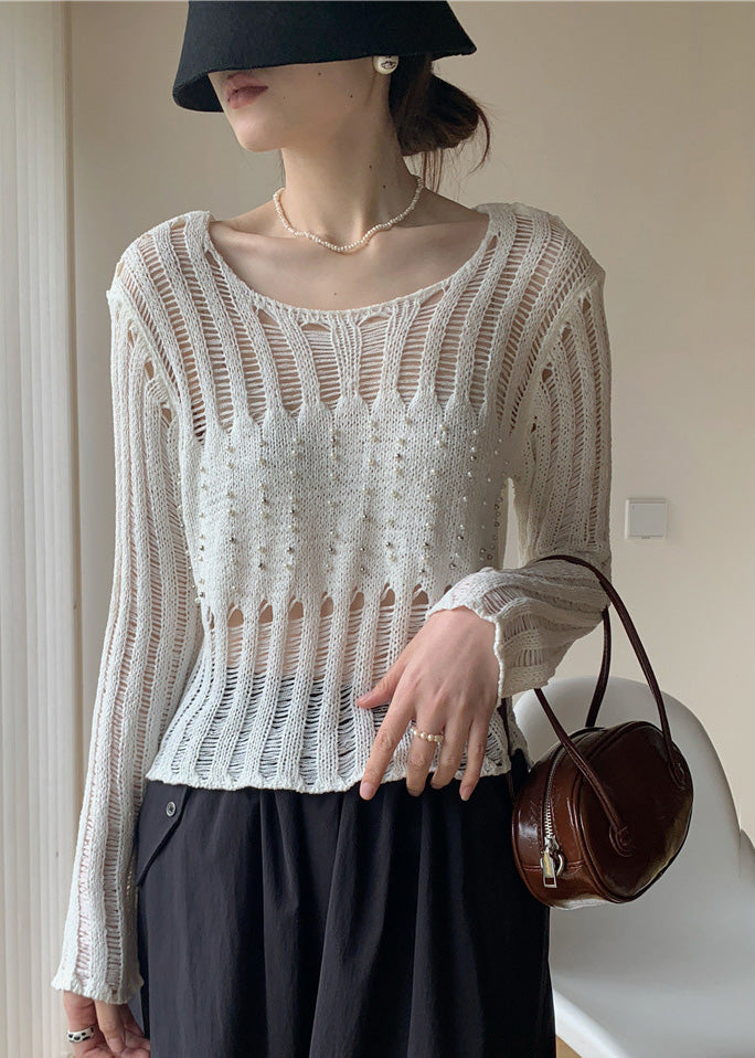 White Hollow Out Nail Bead Knit Sheer Tops Fall