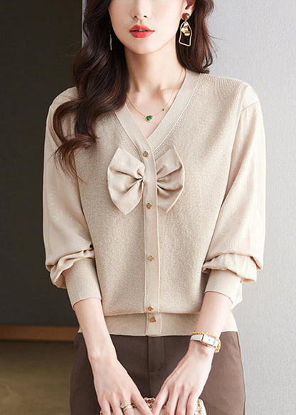 Black V Neck Bow Silk Patchwork Knit Shirt Top Spring