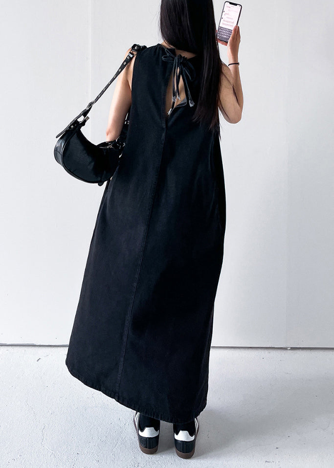 Black Pockets Long Dress O Neck Denim Summer