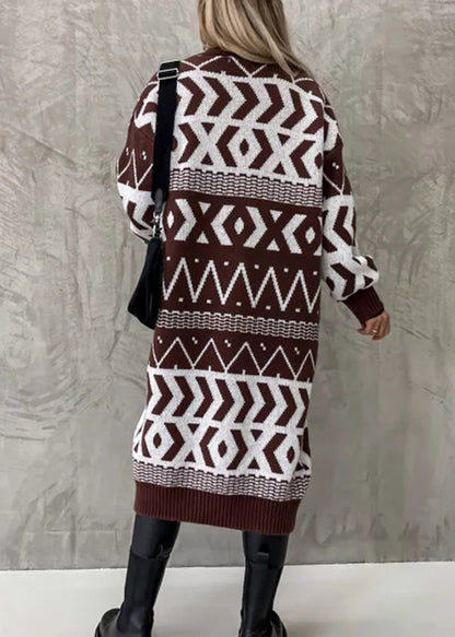 Black V Neck Geometric Jacquard Knit Cardigan Fall