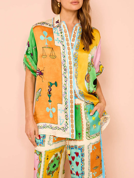 Summer Unique Funny Print Button Down Oversized Blouse