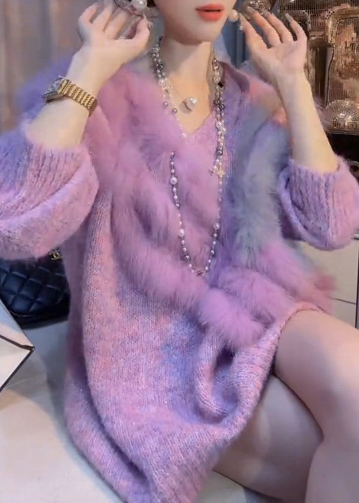 Purple V Neck Patchwork Thick Cozy Cotton Knit Sweater Winter