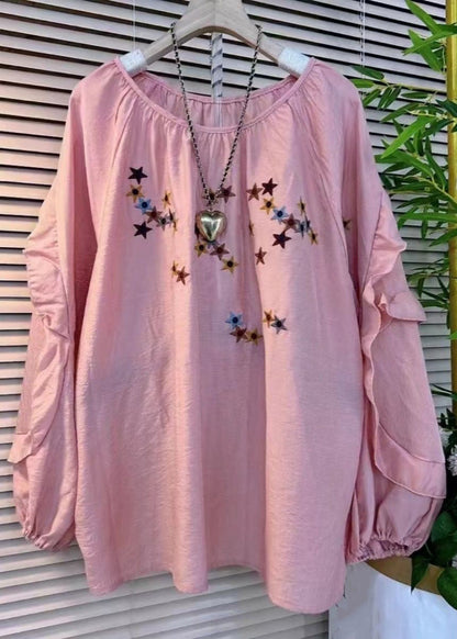 Loose Black Embroidered Ruffled Cotton Tops Long Sleeve