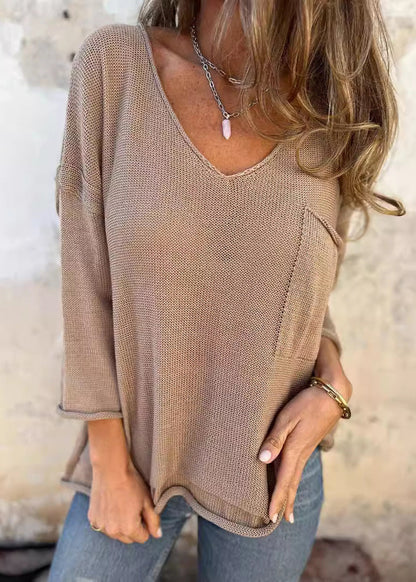 Loose Khaki V Neck Pockets Knitted Tops Fall