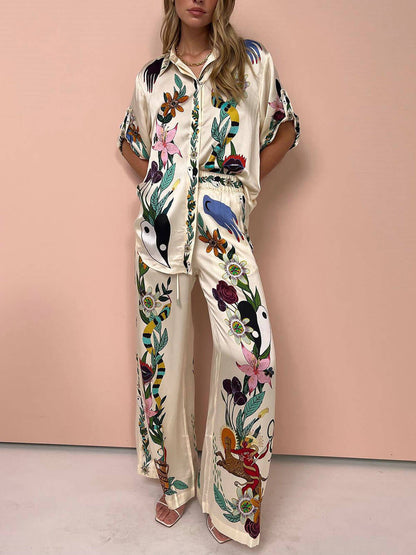 Unique Print Satin Elastic Waist Pocketed Wide Leg Pants