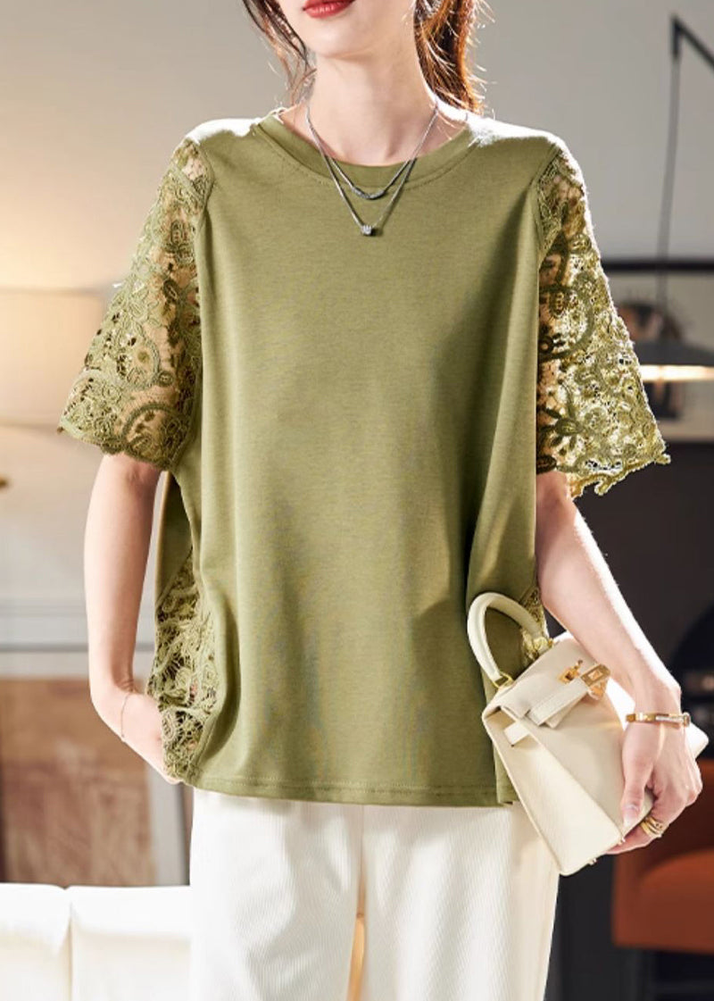 Loose Green Hollow Out Lace Patchwork T Shirts Summer