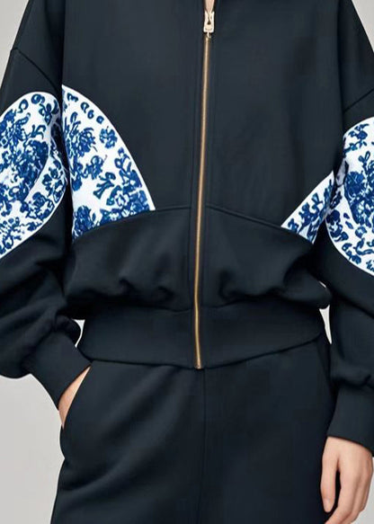 Black Oversized Patchwork Print Cotton Coats Fall