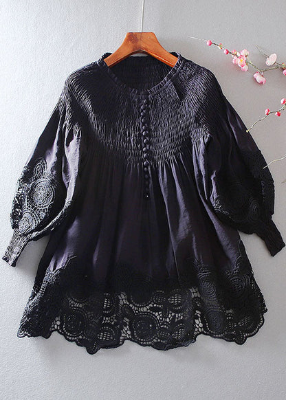 Grey Wrinkled Patchwork Lace Shirt Spring