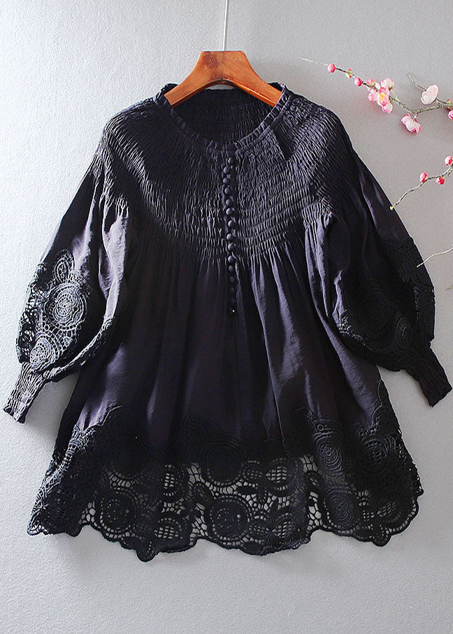 Grey Wrinkled Patchwork Lace Shirt Spring