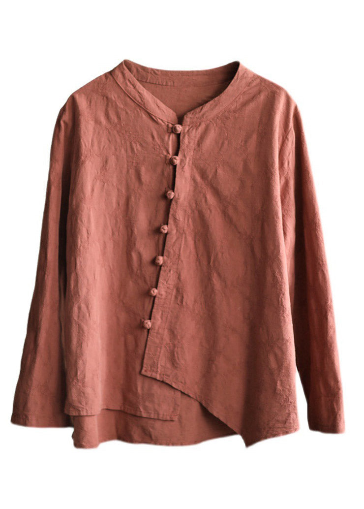 Boutique Brick Red O-neck Asymmetrical Low High Design Button Shirt Long Sleeve