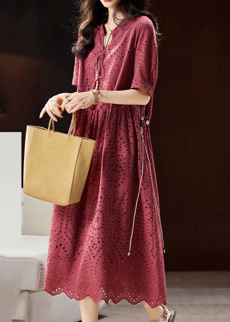 Mulberry V Neck Hollow Out Sashes Cotton Maxi Dress Short Sleeve