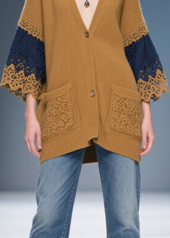 Classy Coffee Oversized Patchwork Lace Knit Coats Fall