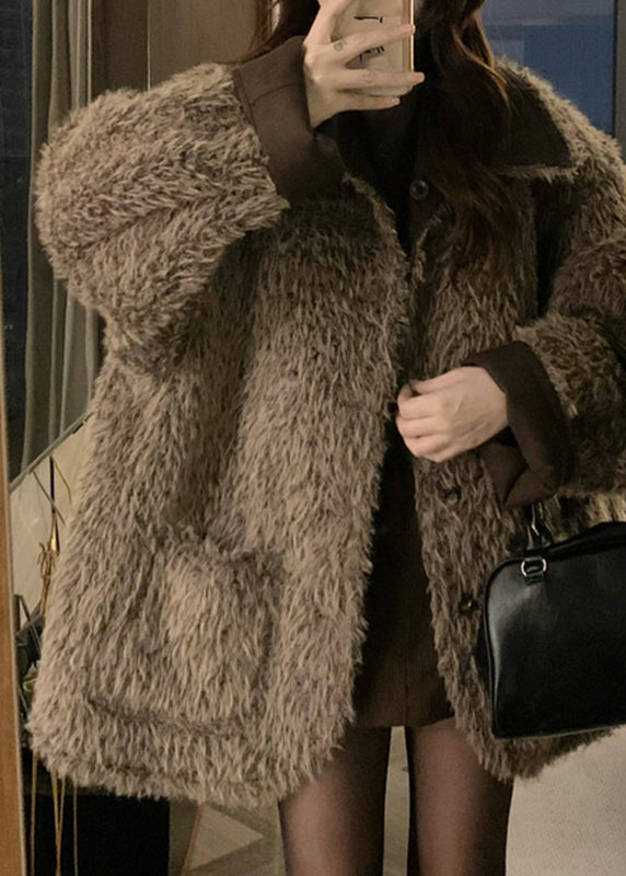 Coffee Peter Pan Collar Button Wear on Both Sides Thick Leather and Fur Coats Winter